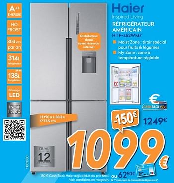Promotions Haier réfrigérateur américain htf-452wm7 - Haier - Valide de 28/11/2018 à 28/12/2018 chez Krefel