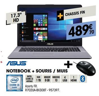 Promotions Asus notebook + souris - muis r702ua-bx308t - Asus - Valide de 28/11/2018 à 11/12/2018 chez Electro Depot