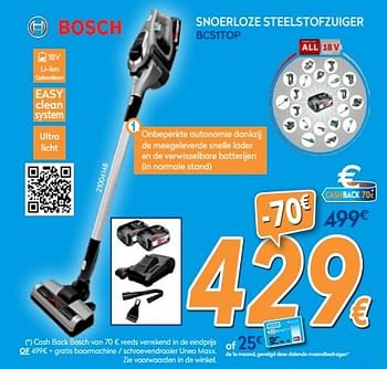 Promoties Bosch snoerloze steelstofzuiger bcs1top - Bosch - Geldig van 03/12/2018 tot 31/12/2018 bij Krefel