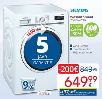 Promoties Siemens wasautomaat wm16w47efg - Siemens - Geldig van 23/11/2018 tot 09/12/2018 bij Eldi