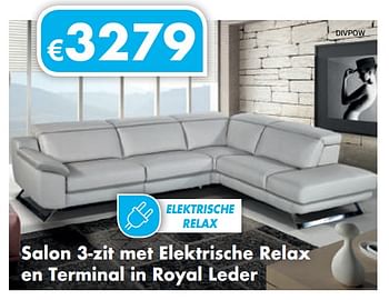 Promoties Salon 3-zit met elektrische relax en terminal in royal leder - Huismerk - O & O Trendy Wonen - Geldig van 01/12/2018 tot 31/12/2018 bij O & O Trendy Wonen