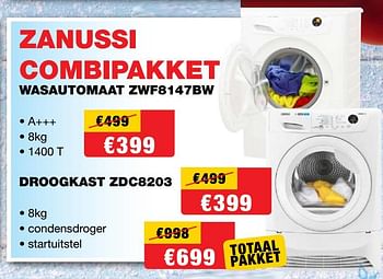 Promoties Zanussi combipakket wasautomaat zwf8147bw + droogkast zdc8203 - Zanussi - Geldig van 30/11/2018 tot 07/12/2018 bij Elektro Megro