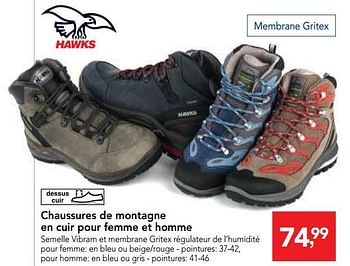 Promoties Chaussures de montagne en cuir pour femme et homme - Hawks - Geldig van 05/12/2018 tot 18/12/2018 bij Makro