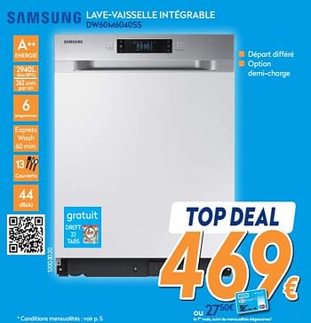 Promotions Samsung lave-vaisselle intégrable dw60m6040ss - Samsung - Valide de 03/12/2018 à 31/12/2018 chez Krefel