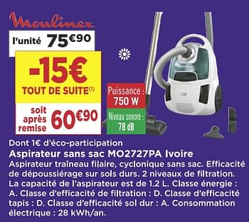 Promotions Moulinex aspirateur sans sac m02727pa ivoire - Moulinex - Valide de 27/11/2018 à 09/12/2018 chez Super Casino