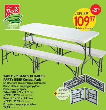 Promotions Table + 2 bancs pliables party beer central park - Central Park - Valide de 05/12/2018 à 31/12/2018 chez BricoPlanit