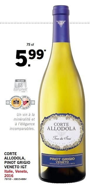 Promotions Corte allodola, pinot grigio veneto igt - Vins blancs - Valide de 01/12/2018 à 31/12/2018 chez Lidl