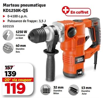 Promoties Black + decker marteau pneumatique kd1250k-qs - Black & Decker - Geldig van 04/12/2018 tot 16/12/2018 bij Mr. Bricolage