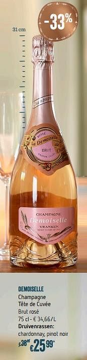 Promotions Demoiselle champagne tête de cuvée brut rosé - Champagne - Valide de 28/11/2018 à 31/12/2018 chez Delhaize