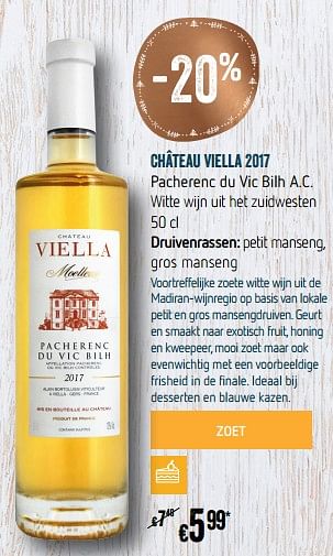 Promoties Château viella 2017 pacherenc du vic bilh a.c. witte wijn uit het zuidwesten - Witte wijnen - Geldig van 28/11/2018 tot 31/12/2018 bij Delhaize
