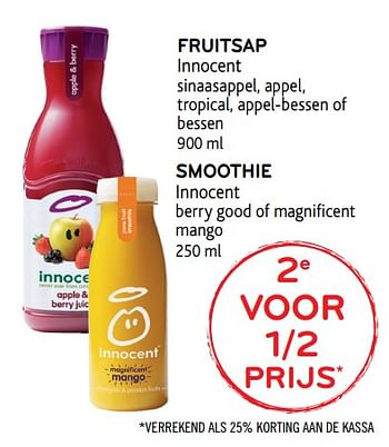 Promoties Fruitsap innocent sinaasappel, appel, tropical, appel-bessen of bessen - Innocent - Geldig van 05/12/2018 tot 18/12/2018 bij Alvo