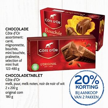 Promoties 20% korting bij aankoop van 2 pakken chocolade côte d`or - Cote D'Or - Geldig van 05/12/2018 tot 18/12/2018 bij Alvo