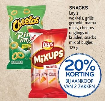 Promoties 20% korting bij aankoop van 2 zakken snacks lay`s - Lay's - Geldig van 05/12/2018 tot 18/12/2018 bij Alvo