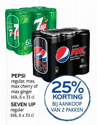 Promoties 25% korting bij aankoop van 2 pakken pepsi regular, max - Pepsi - Geldig van 05/12/2018 tot 18/12/2018 bij Alvo