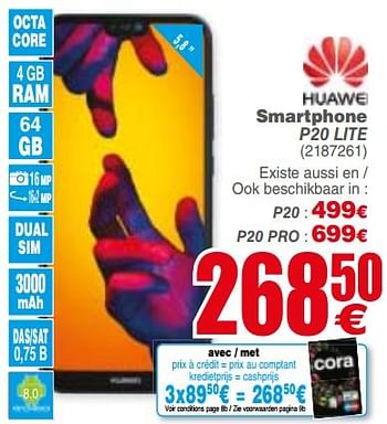 Promoties Huawei smartphone p20 lite - Huawei - Geldig van 04/12/2018 tot 17/12/2018 bij Cora