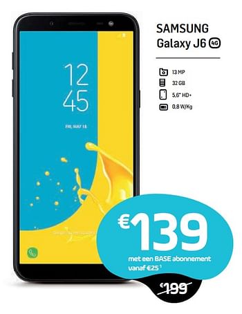 Promoties Samsung galaxy j6 - Samsung - Geldig van 04/12/2018 tot 02/01/2019 bij Base