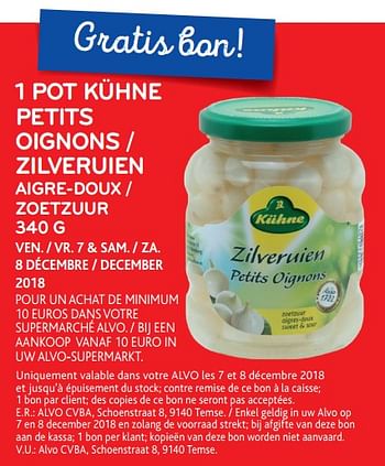 Promotions 1 pot kühne petits oignons - Kühne - Valide de 05/12/2018 à 18/12/2018 chez Alvo