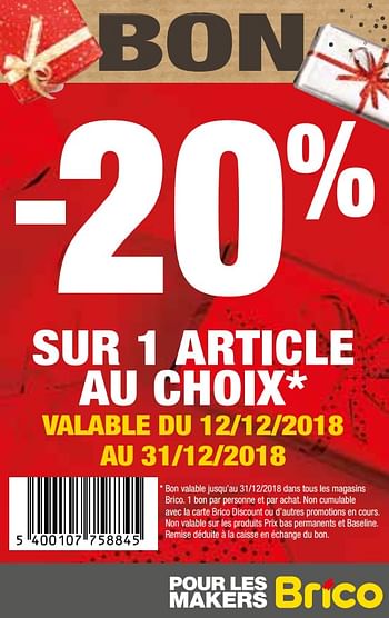 Promotions -20% sur 1 article au choix - Produit maison - Brico - Valide de 12/12/2018 à 31/12/2018 chez Brico