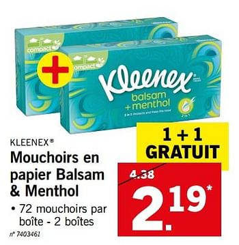 Promotions Mouchoirs en papier balsam + menthol - Kleenex - Valide de 10/12/2018 à 15/12/2018 chez Lidl