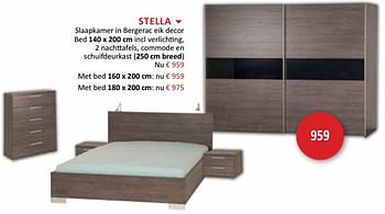 Promoties Stella slaapkamer in bergerac eik decor bed 140 x 200 cm incl verlichting, 2 nachttafels, commode en schuifdeurkast ( 250 cm breed ) - Huismerk - Weba - Geldig van 28/11/2018 tot 27/12/2018 bij Weba