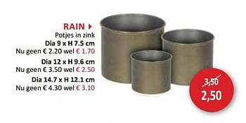 Promoties Rain potjes in zink dia 12 x h 9.6 cm - Huismerk - Weba - Geldig van 28/11/2018 tot 27/12/2018 bij Weba