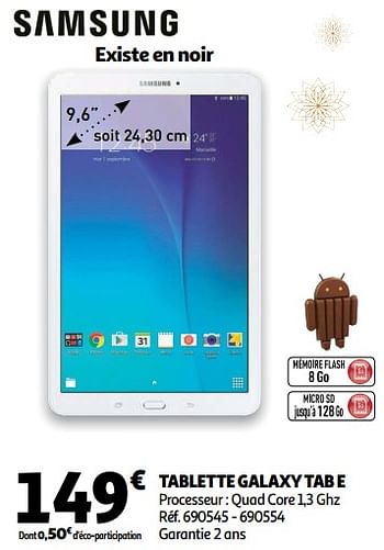 Promotions Samsung tablette galaxy tab e - Samsung - Valide de 28/11/2018 à 24/12/2018 chez Auchan Ronq