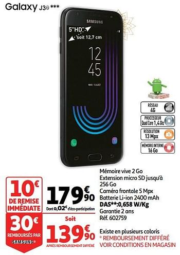 Promotions Samsung smartphone galaxy j3 - Samsung - Valide de 28/11/2018 à 24/12/2018 chez Auchan Ronq