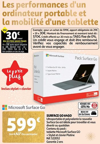 Promotions Surface go 64go - Microsoft - Valide de 28/11/2018 à 24/12/2018 chez Auchan Ronq