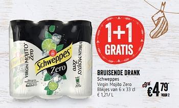 Promotions Bruisende drank schweppes virgin mojito zero blikjes - Schweppes - Valide de 06/12/2018 à 12/12/2018 chez Delhaize