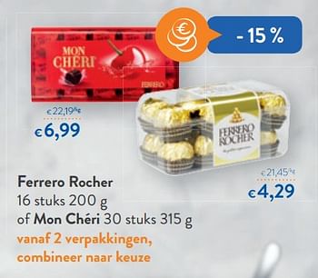 Promoties Ferrero rocher 16 stuks of mon chéri 30 stuks - Ferrero - Geldig van 05/12/2018 tot 13/12/2018 bij OKay