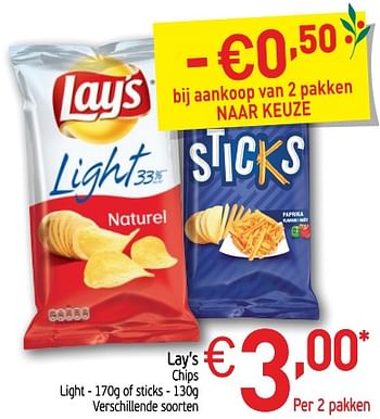 Promoties Chips light of sticks - Lay's - Geldig van 27/11/2018 tot 31/12/2018 bij Intermarche