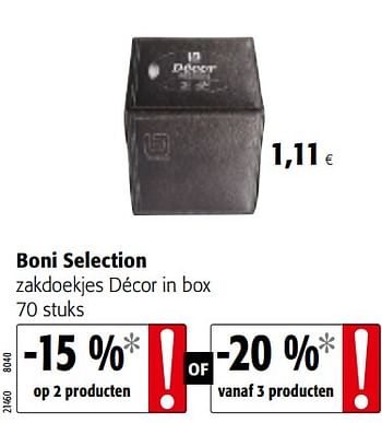 Promoties Boni selection zakdoekjes décor in box - Boni - Geldig van 05/12/2018 tot 18/12/2018 bij Colruyt