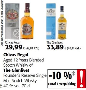 Promoties Chivas regal aged 12 years blended scotch whisky of the glenlivet founder`s reserve single malt scotch whisky - Chivas Regal - Geldig van 05/12/2018 tot 18/12/2018 bij Colruyt