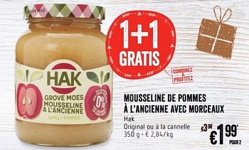 Promotions Mousseline de pommes à l`ancienne avec morceaux hak - Hak - Valide de 06/12/2018 à 12/12/2018 chez Delhaize