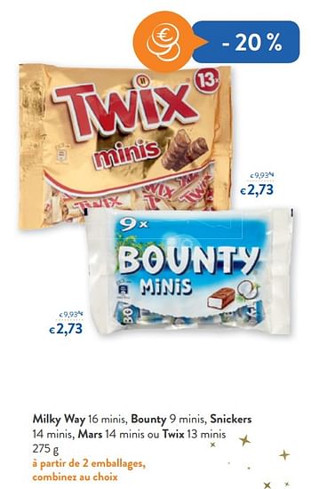 Promoties Milky way 16 minis, bounty 9 minis, snickers 14 minis, mars 14 minis ou twix 13 minis - Huismerk - Okay  - Geldig van 05/12/2018 tot 13/12/2018 bij OKay