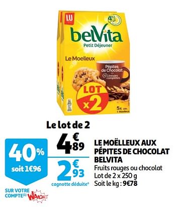 Promotions Le moëlleux aux pépites de chocolat belvita - Lu - Valide de 05/12/2018 à 11/12/2018 chez Auchan Ronq
