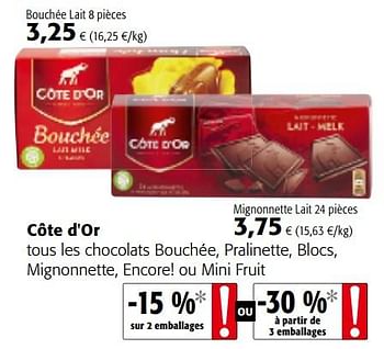 Promoties Côte d`or tous les chocolats bouchée, pralinette, blocs, mignonnette, encore! ou mini fruit - Cote D'Or - Geldig van 05/12/2018 tot 18/12/2018 bij Colruyt