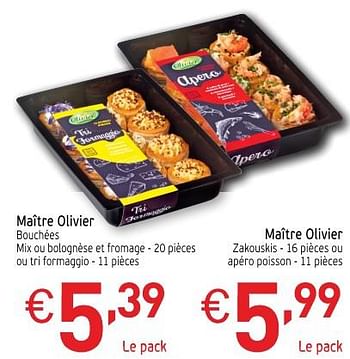 Promotions Maître olivier bouchées mix ou bolognèse et fromage - Maitre Olivier - Valide de 27/11/2018 à 31/12/2018 chez Intermarche