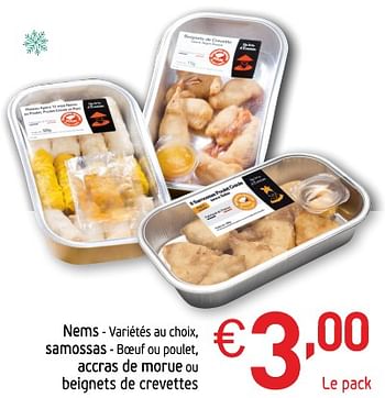 Promotions Nems - variétés au choix, samossas boeuf ou poulet, accras de morue ou beignets - Produit maison - Intermarche - Valide de 27/11/2018 à 31/12/2018 chez Intermarche