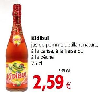 Promotions Kidibul jus de pomme pétillant nature, à la cerise, à la fraise ou à la pêche - Kidibul - Valide de 05/12/2018 à 18/12/2018 chez Colruyt