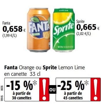 Promotions Fanta orange ou sprite lemon lime en canette - Produit maison - Colruyt - Valide de 05/12/2018 à 18/12/2018 chez Colruyt