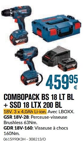 Promotions Bosch combopack bs 18 lt bl + ssd 18 ltx 200 bl - Bosch - Valide de 01/12/2018 à 28/01/2019 chez Meno Pro
