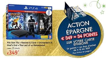 Promotions Sony ps4 slim 1tb + ratchet + clank + uncharted 4: a thief`s end + the last of us remastered - Sony - Valide de 11/12/2018 à 31/12/2018 chez Dreamland