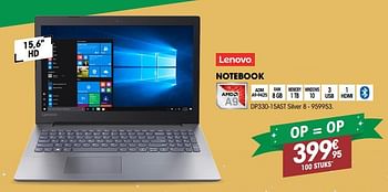 Promoties Lenovo notebook dp330-15ast silver 8 - Lenovo - Geldig van 12/12/2018 tot 31/12/2018 bij Electro Depot