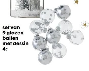 Promoties Set van 9 glazen ballen met dessin - Huismerk - Hema - Geldig van 07/12/2018 tot 01/01/2019 bij Hema