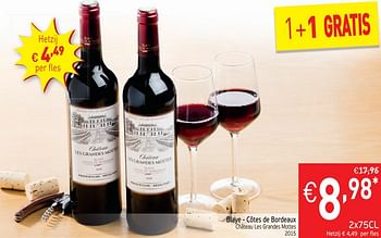 Promoties Blaye - côtes de bordeaux chateau les grandes mottes 2015 - Rode wijnen - Geldig van 11/12/2018 tot 16/12/2018 bij Intermarche