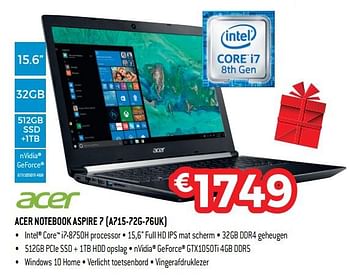Promoties Acer notebook aspire 7 a715-72g-76uk - Acer - Geldig van 10/12/2018 tot 31/12/2018 bij Exellent