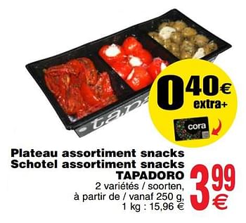 Promotions Plateau assortiment snacks schotel assortiment snacks tapadoro - Produit maison - Cora - Valide de 11/12/2018 à 17/12/2018 chez Cora