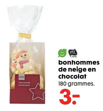 Promotions Bonhommes de neige en chocolat - Produit maison - Hema - Valide de 07/12/2018 à 01/01/2019 chez Hema