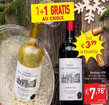 Promotions Bordeaux aôp terre des charmilles rouge ou blanc moelleux - Vins rouges - Valide de 11/12/2018 à 16/12/2018 chez Intermarche